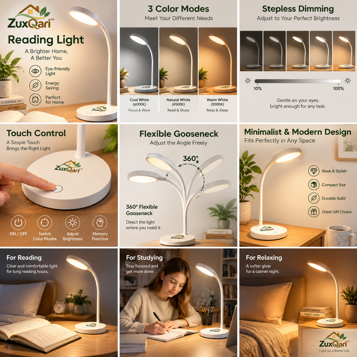 ZuxQari™ Eye-Caring LED Reading Desk Lamp – Flexible Gooseneck Table Light with Touch Control &amp; Energy-Saving Design for Bedroom, Study &amp; Home Office