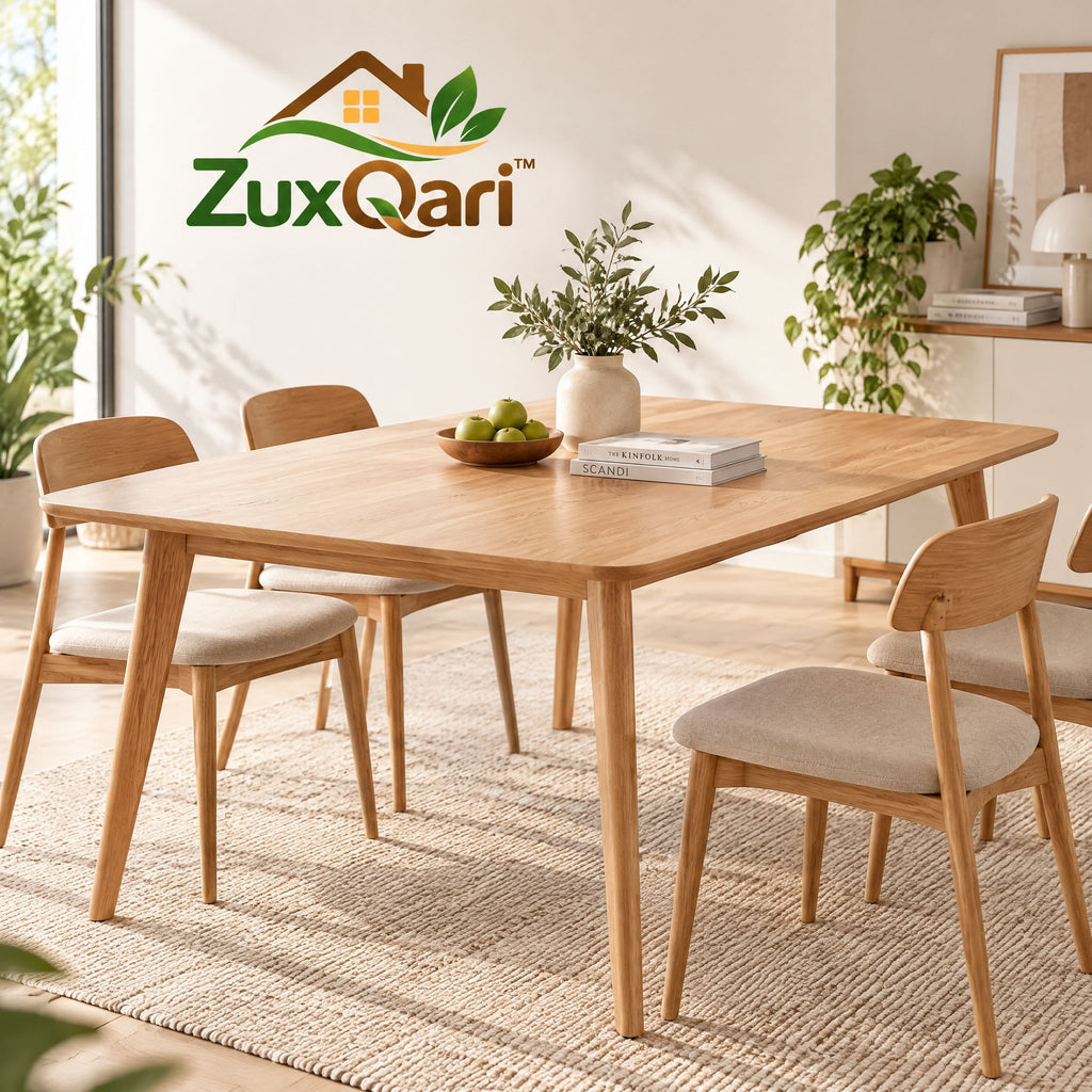 ZuxQari™ 5-Piece Modern Scandinavian Dining Set – Natural Wood Dining Table with Rounded Corners &amp; 4 Upholstered Fabric Chairs