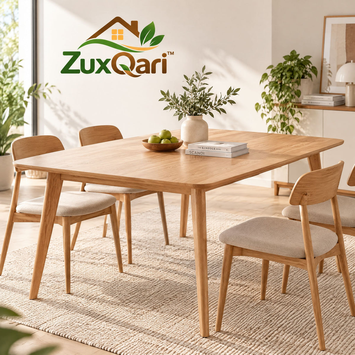 ZuxQari™ 5-Piece Modern Scandinavian Dining Set – Natural Wood Dining Table with Rounded Corners &amp; 4 Upholstered Fabric Chairs