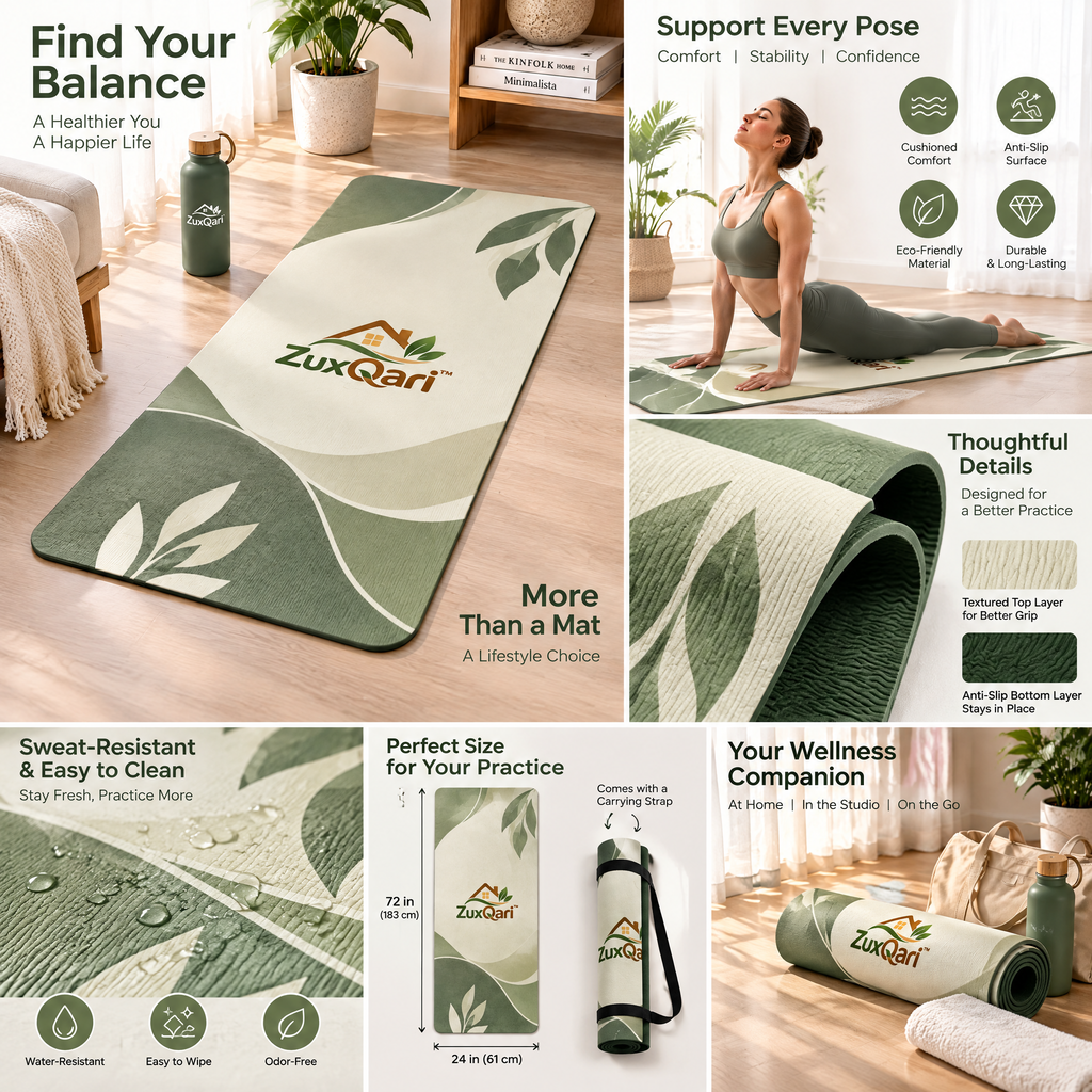 ZuxQari™ Premium Botanical Yoga Mat – Non-Slip, High-Density Cushioned Exercise &amp; Pilates Mat (Sage Green &amp; Cream)