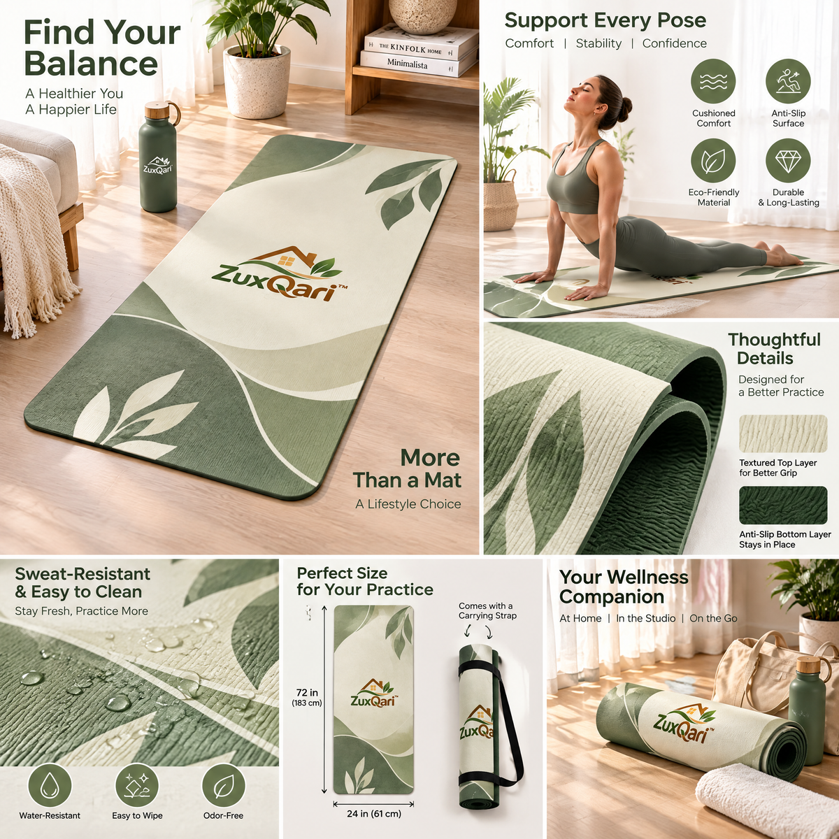 ZuxQari™ Premium Botanical Yoga Mat – Non-Slip, High-Density Cushioned Exercise &amp; Pilates Mat (Sage Green &amp; Cream)