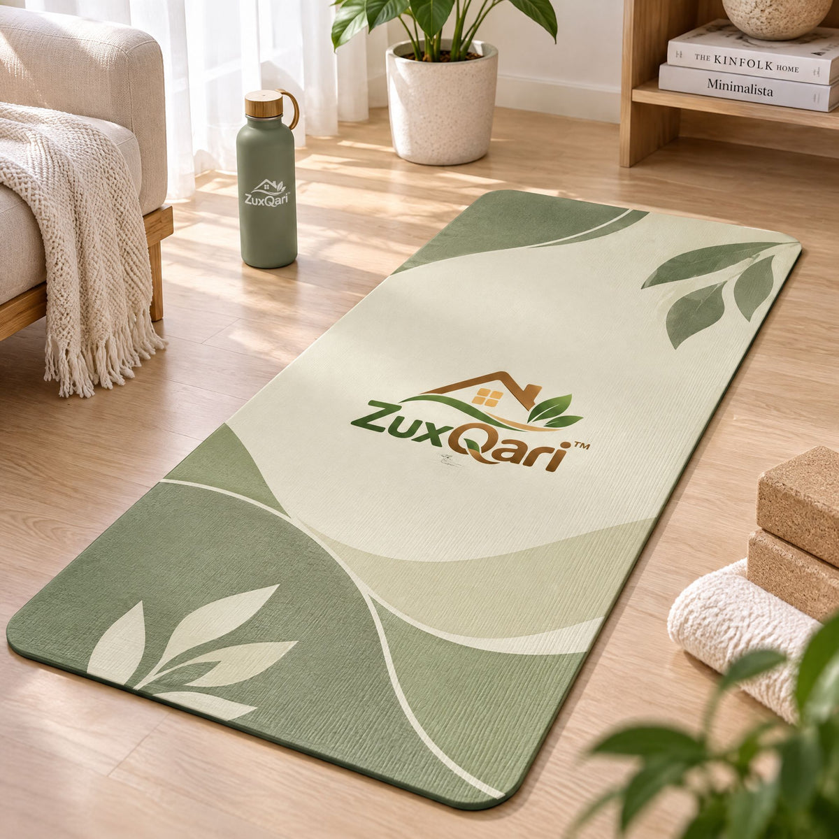 ZuxQari™ Premium Botanical Yoga Mat – Non-Slip, High-Density Cushioned Exercise &amp; Pilates Mat (Sage Green &amp; Cream)