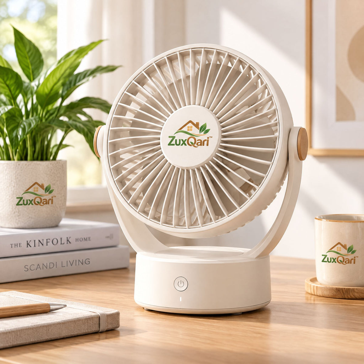 ZuxQari™ Aesthetic Compact Desk Fan – Quiet Personal Tabletop Air Circulator with Adjustable Tilt & One-Touch Control for Home, Office, and Bedroom