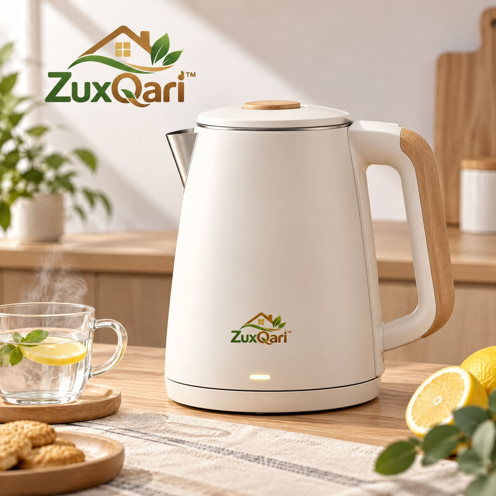 ZuxQari™ 1.7L Electric Kettle – Matte White Fast-Boiling Tea Kettle with Wood-Grain Accents &amp; Auto Shut-Off