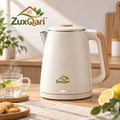 ZuxQari™ 1.7L Electric Kettle – Matte White Fast-Boiling Tea Kettle with Wood-Grain Accents &amp; Auto Shut-Off