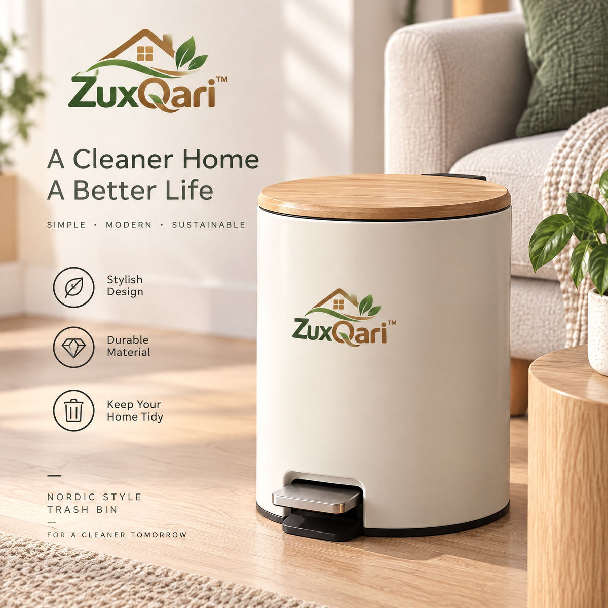 ZuxQari™ Nordic Style Step Trash Can with Natural Wood Lid – Modern Compact Hands-Free Garbage Bin for Bathroom, Bedroom, Living Room & Office