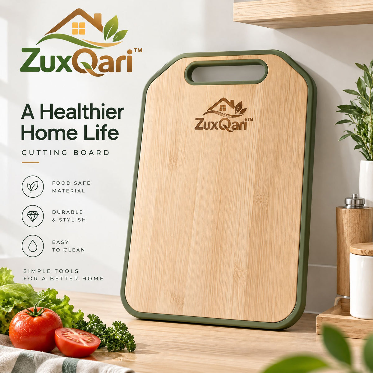 ZuxQari™ Premium Bamboo Cutting Board with Non-Slip Grip Edge & Built-In Handle – Food-Safe Wooden Chopping Board for Kitchen Meal Prep & Serving