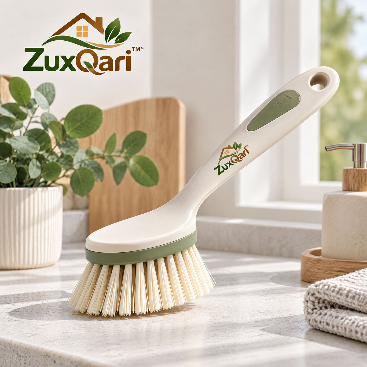 ZuxQari™ Ergonomic Long-Handle Dish Scrub Brush with Non-Slip Grip & Heavy-Duty Bristles for Pots, Pans, and Sinks