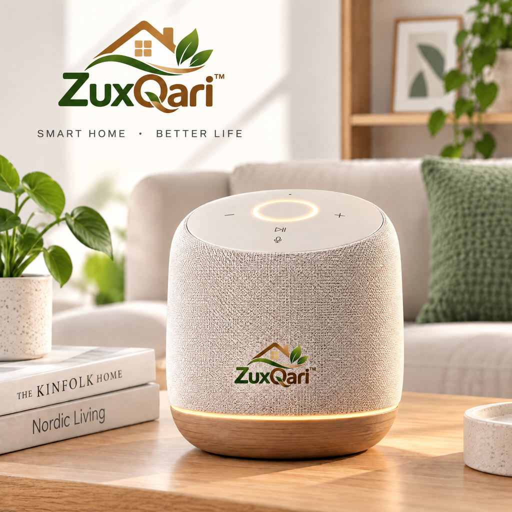 ZuxQari™ Smart Home Bluetooth Speaker with Warm Ambient Light &amp; Touch Control – Nordic Fabric &amp; Natural Wood Finish