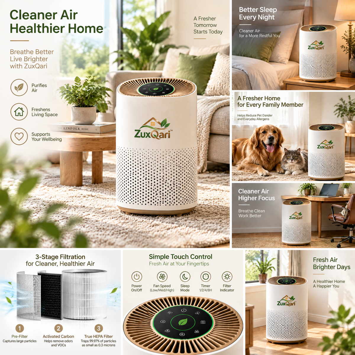 ZuxQari™ H13 True HEPA Air Purifier for Home Large Rooms – 360° Air Intake with Smart Touch Panel for Allergies, Smoke &amp; Pet Dander