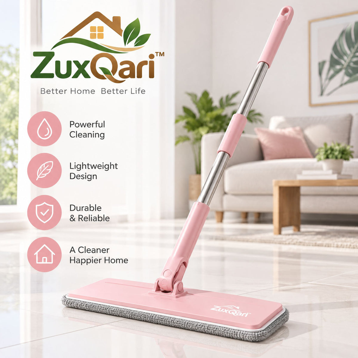 ZuxQari™ Lightweight Microfiber Flat Floor Mop – 360° Swivel Hardwood &amp; Tile Cleaner (Blush Pink)