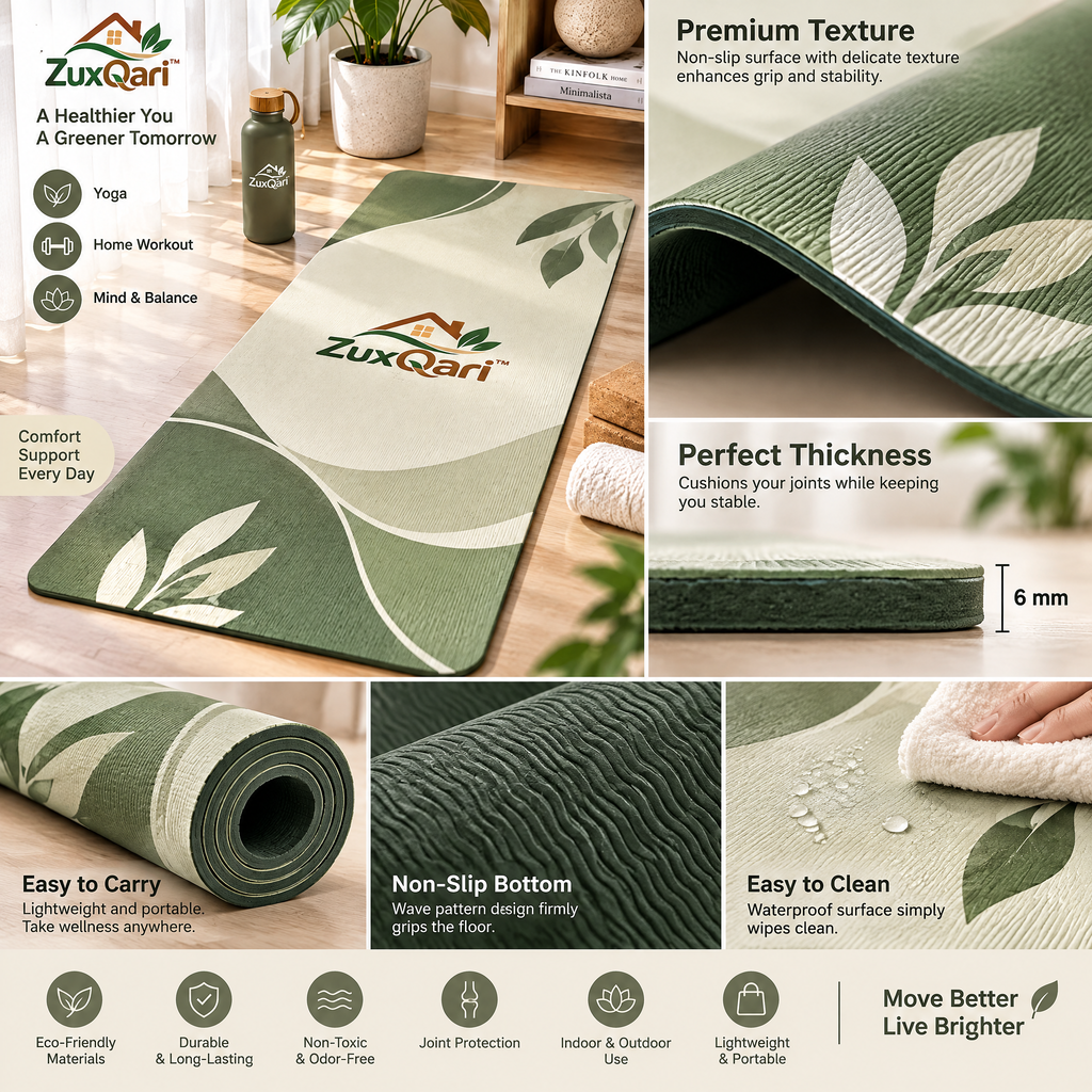 ZuxQari™ Premium Botanical Yoga Mat – Non-Slip, High-Density Cushioned Exercise &amp; Pilates Mat (Sage Green &amp; Cream)