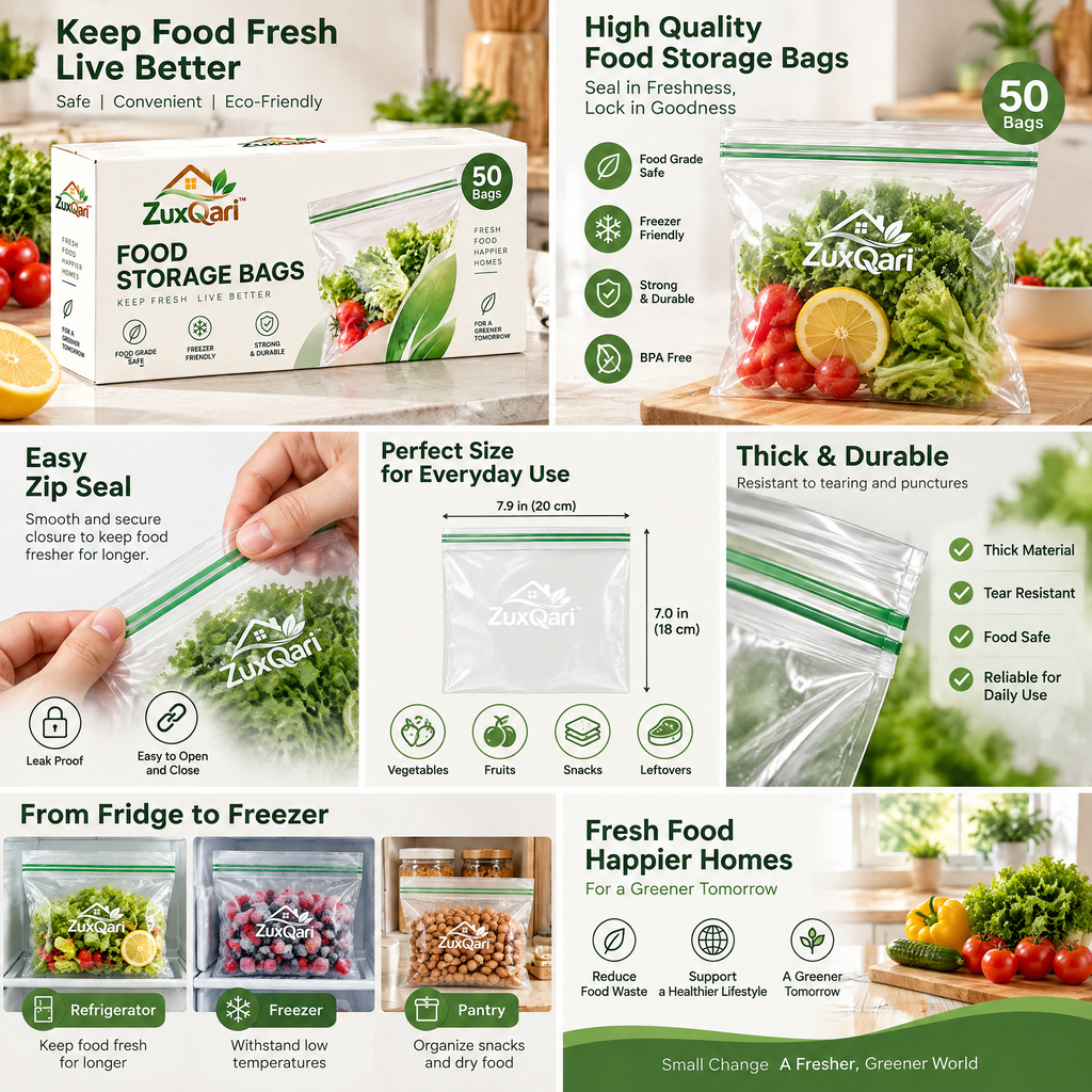 ZuxQari™ Food Storage Bags (50 Count) – Food-Grade, Freezer-Safe Double Seal Storage Bags for Produce, Meal Prep &amp; Kitchen Organization