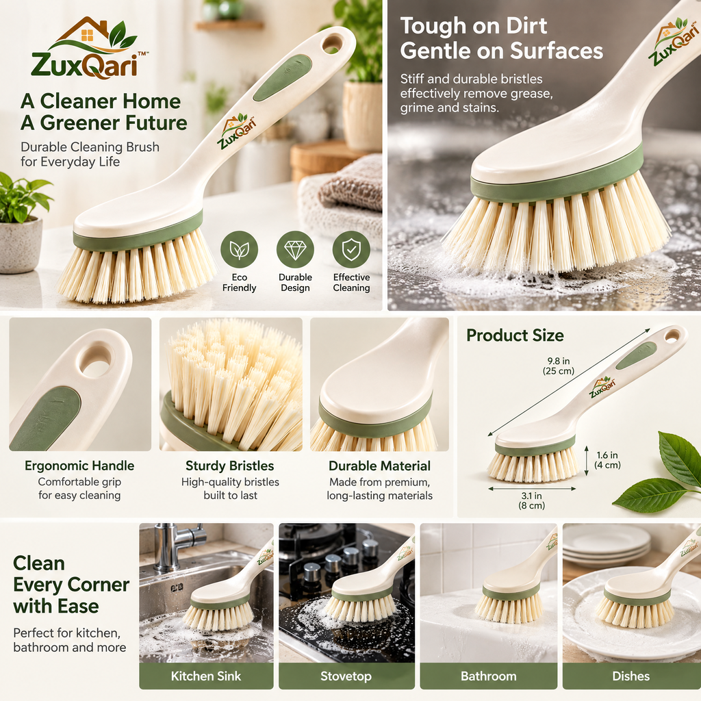 ZuxQari™ Ergonomic Long-Handle Dish Scrub Brush with Non-Slip Grip &amp; Heavy-Duty Bristles for Pots, Pans, and Sinks