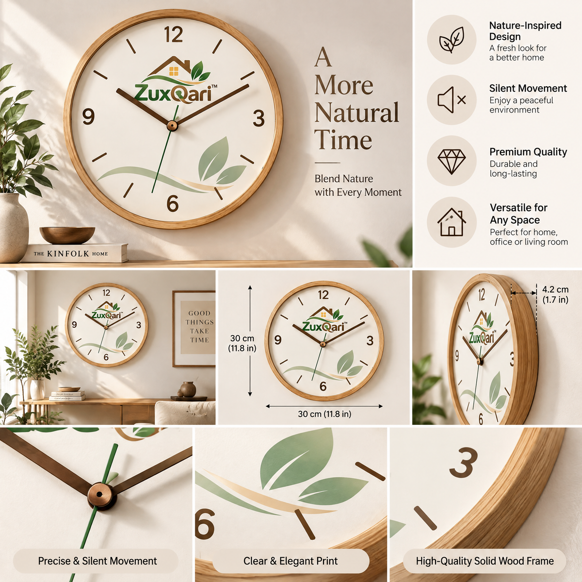 ZuxQari™ 12-Inch Modern Wooden Wall Clock, Silent Non-Ticking Nature Botanical Dial, Minimalist Decorative Clock for Living Room &amp; Home Decor