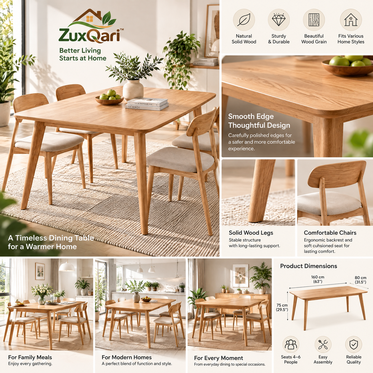ZuxQari™ 5-Piece Modern Scandinavian Dining Set – Natural Wood Dining Table with Rounded Corners &amp; 4 Upholstered Fabric Chairs