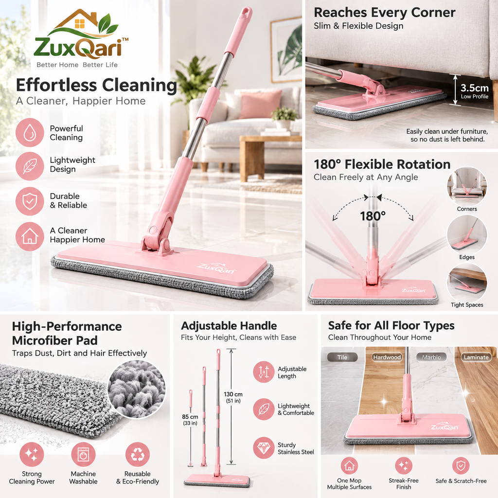 ZuxQari™ Lightweight Microfiber Flat Floor Mop – 360° Swivel Hardwood &amp; Tile Cleaner (Blush Pink)