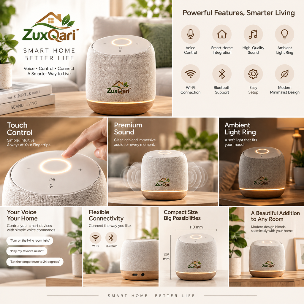ZuxQari™ Smart Home Bluetooth Speaker with Warm Ambient Light &amp; Touch Control – Nordic Fabric &amp; Natural Wood Finish