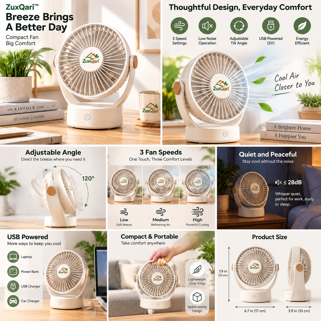 ZuxQari™ Aesthetic Compact Desk Fan – Quiet Personal Tabletop Air Circulator with Adjustable Tilt &amp; One-Touch Control for Home, Office, and Bedroom