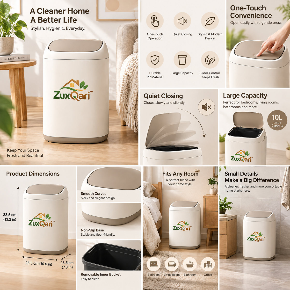 ZuxQari™ Modern Swing-Lid Trash Can – 2.6 Gallon (10L) Slim Two-Tone Wastebasket for Living Room, Bedroom, Home Office &amp; Bathroom