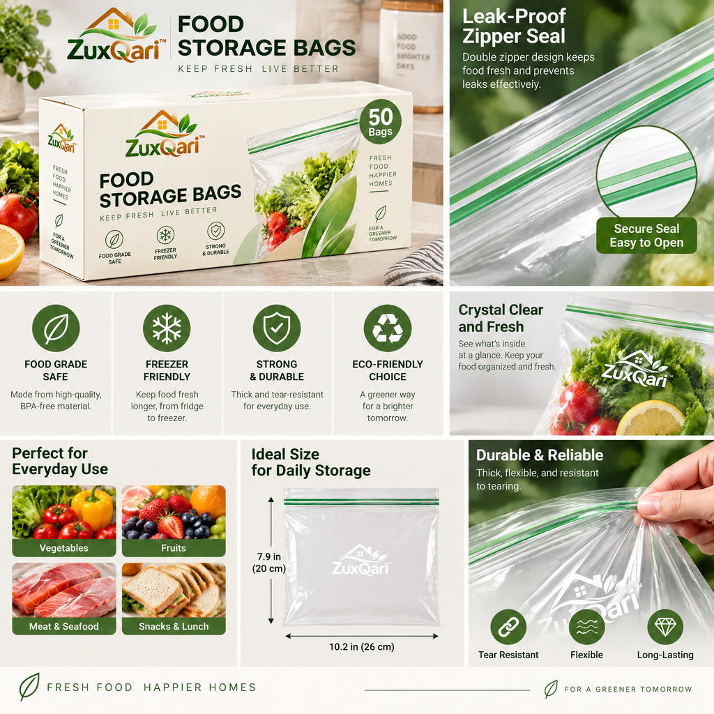 ZuxQari™ Food Storage Bags (50 Count) – Food-Grade, Freezer-Safe Double Seal Storage Bags for Produce, Meal Prep &amp; Kitchen Organization