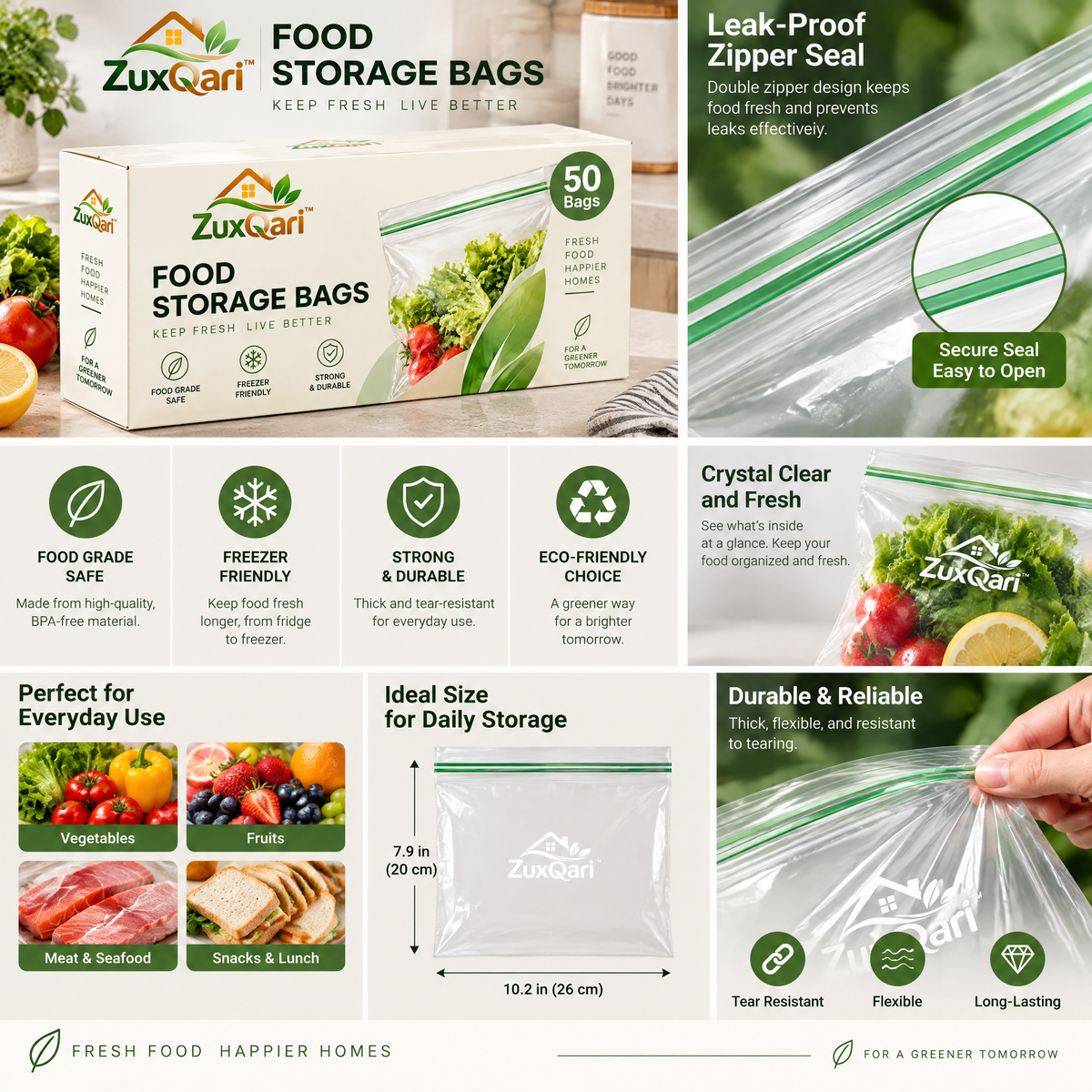 ZuxQari™ Food Storage Bags (50 Count) – Food-Grade, Freezer-Safe Double Seal Storage Bags for Produce, Meal Prep &amp; Kitchen Organization
