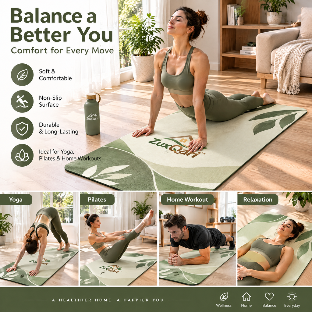 ZuxQari™ Premium Botanical Yoga Mat – Non-Slip, High-Density Cushioned Exercise &amp; Pilates Mat (Sage Green &amp; Cream)