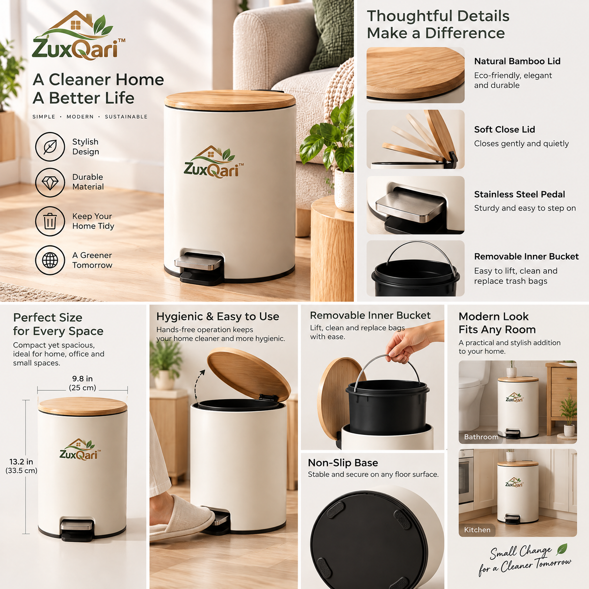 ZuxQari™ Nordic Style Step Trash Can with Natural Wood Lid – Modern Compact Hands-Free Garbage Bin for Bathroom, Bedroom, Living Room &amp; Office