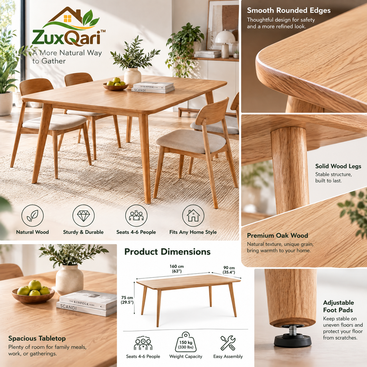 ZuxQari™ 5-Piece Modern Scandinavian Dining Set – Natural Wood Dining Table with Rounded Corners &amp; 4 Upholstered Fabric Chairs