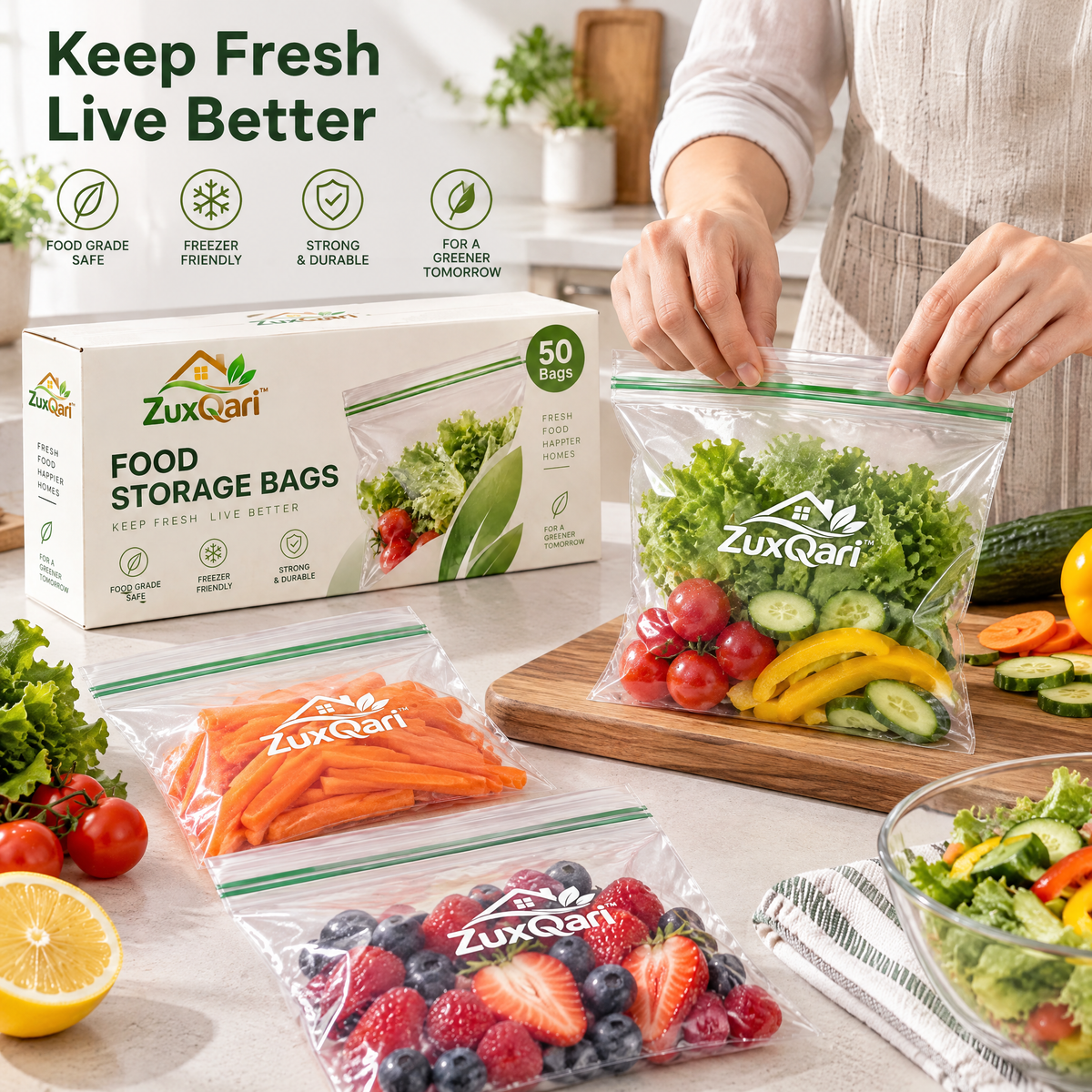 ZuxQari™ Food Storage Bags (50 Count) – Food-Grade, Freezer-Safe Double Seal Storage Bags for Produce, Meal Prep &amp; Kitchen Organization