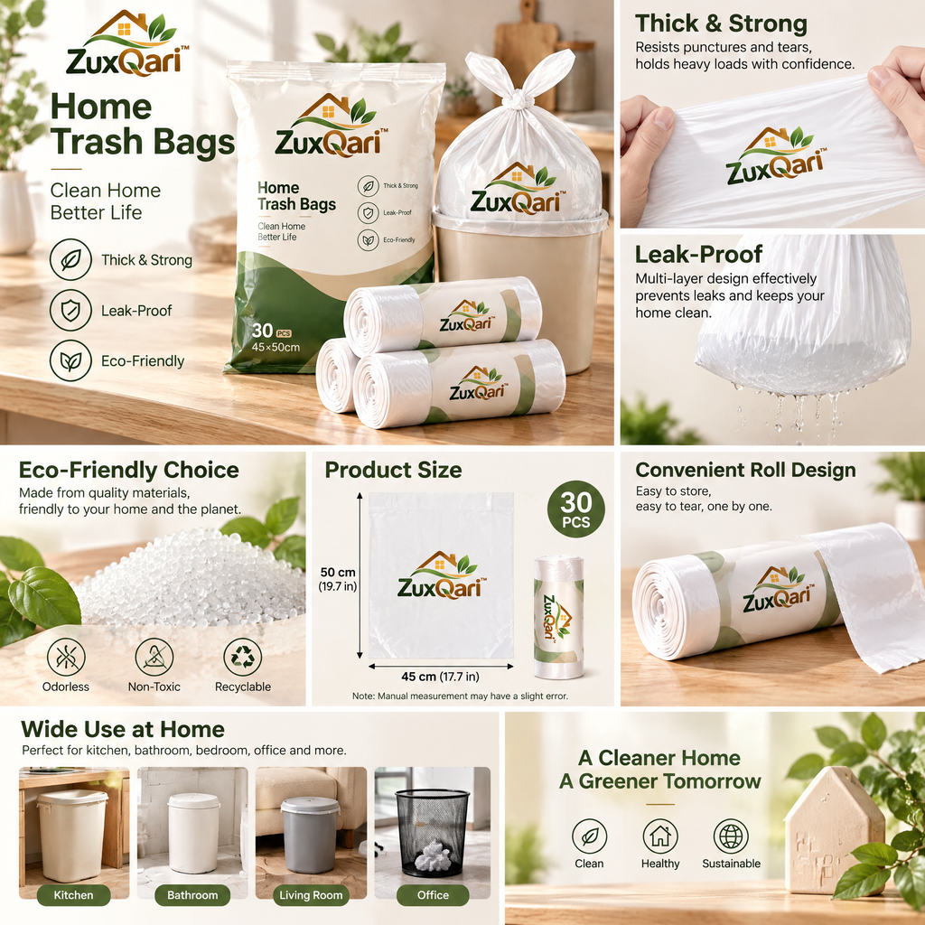 ZuxQari™ 30-Pack Home Trash Bags (45×50cm) – Thick, Strong &amp; Leak-Proof White Garbage Liners for Bathroom, Bedroom, Kitchen, and Office