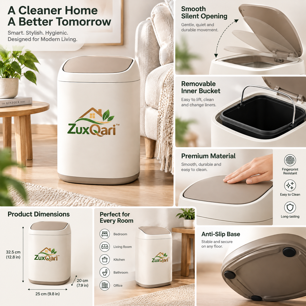 ZuxQari™ Modern Swing-Lid Trash Can – 2.6 Gallon (10L) Slim Two-Tone Wastebasket for Living Room, Bedroom, Home Office &amp; Bathroom