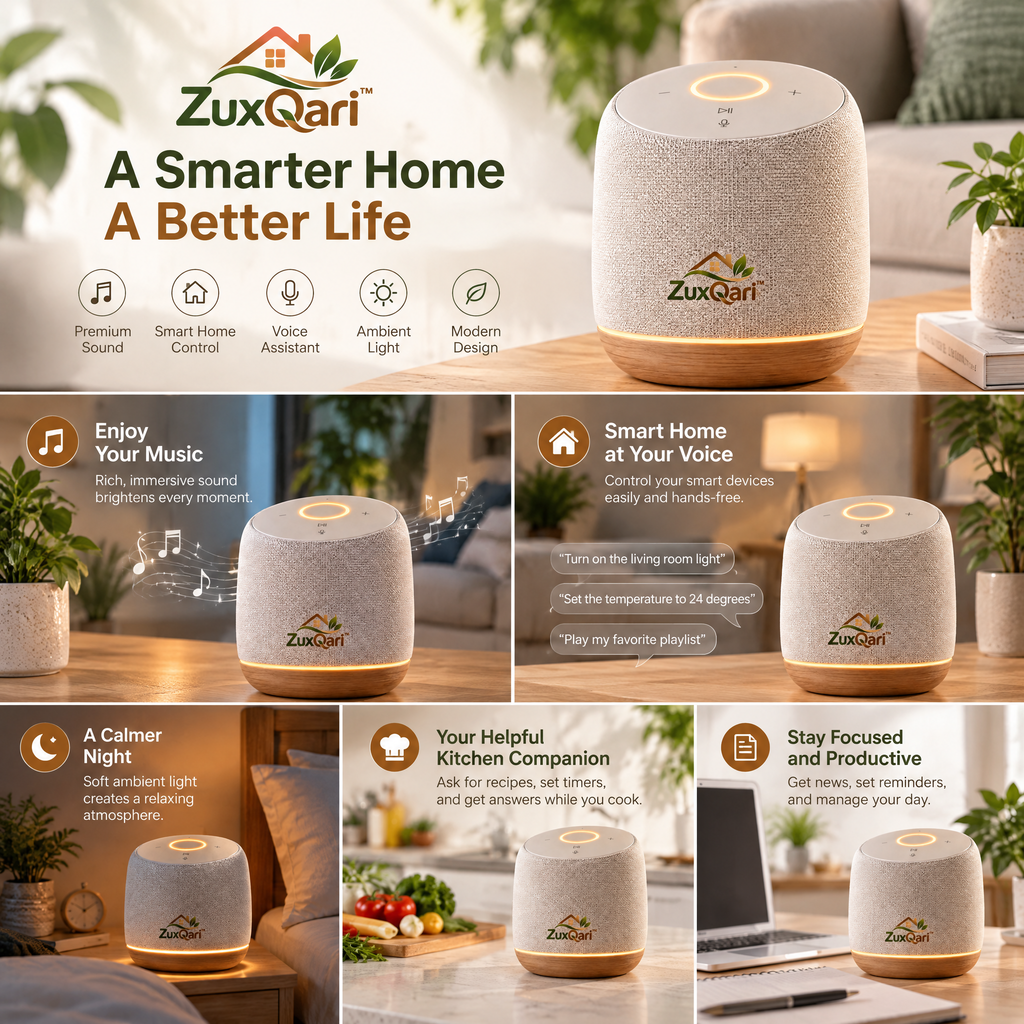 ZuxQari™ Smart Home Bluetooth Speaker with Warm Ambient Light &amp; Touch Control – Nordic Fabric &amp; Natural Wood Finish