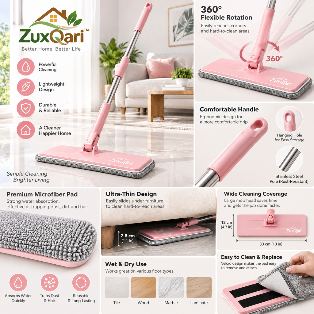 ZuxQari™ Lightweight Microfiber Flat Floor Mop – 360° Swivel Hardwood &amp; Tile Cleaner (Blush Pink)
