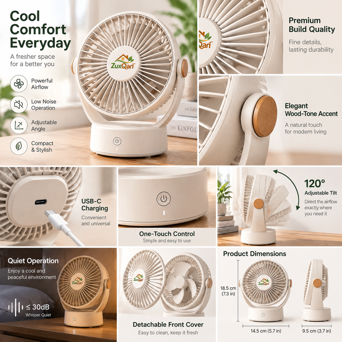 ZuxQari™ Aesthetic Compact Desk Fan – Quiet Personal Tabletop Air Circulator with Adjustable Tilt &amp; One-Touch Control for Home, Office, and Bedroom