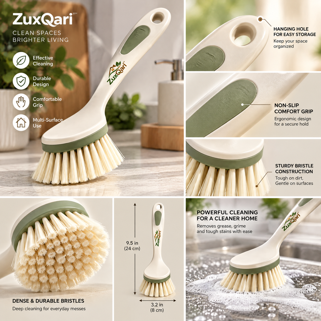 ZuxQari™ Ergonomic Long-Handle Dish Scrub Brush with Non-Slip Grip &amp; Heavy-Duty Bristles for Pots, Pans, and Sinks