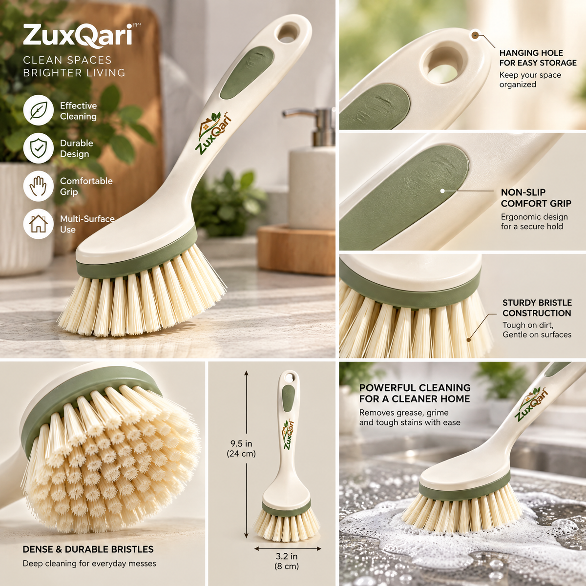 ZuxQari™ Ergonomic Long-Handle Dish Scrub Brush with Non-Slip Grip &amp; Heavy-Duty Bristles for Pots, Pans, and Sinks