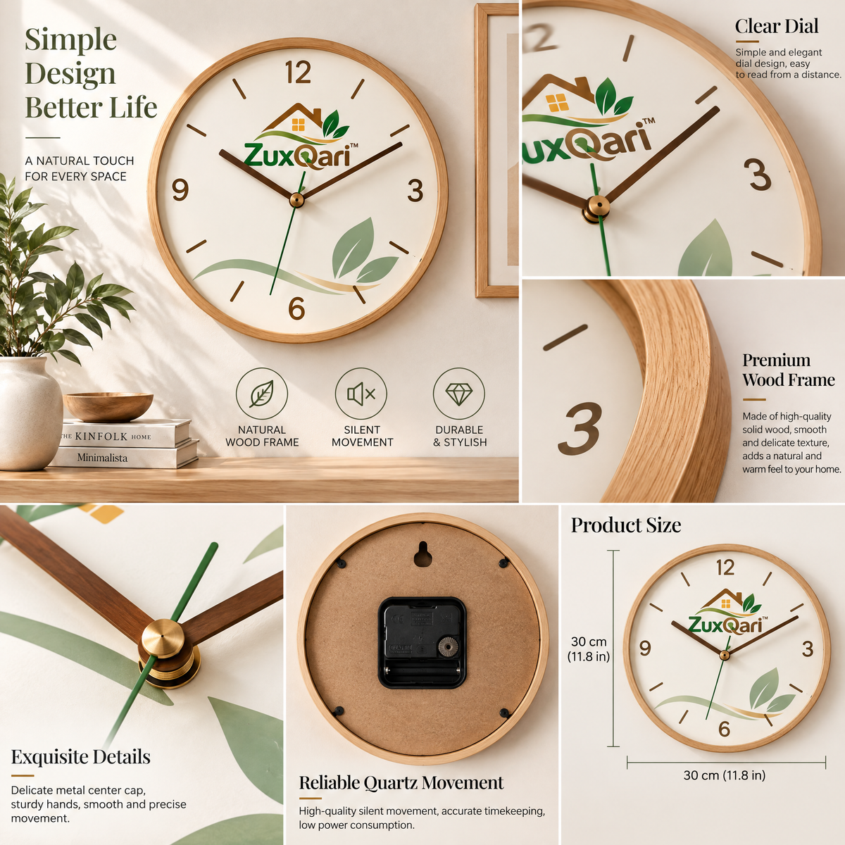 ZuxQari™ 12-Inch Modern Wooden Wall Clock, Silent Non-Ticking Nature Botanical Dial, Minimalist Decorative Clock for Living Room &amp; Home Decor