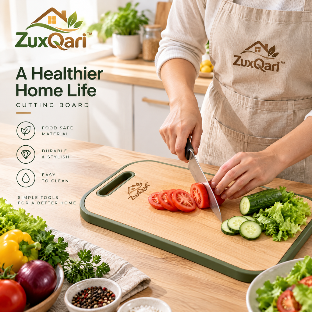 ZuxQari™ Premium Bamboo Cutting Board with Non-Slip Grip Edge &amp; Built-In Handle – Food-Safe Wooden Chopping Board for Kitchen Meal Prep &amp; Serving