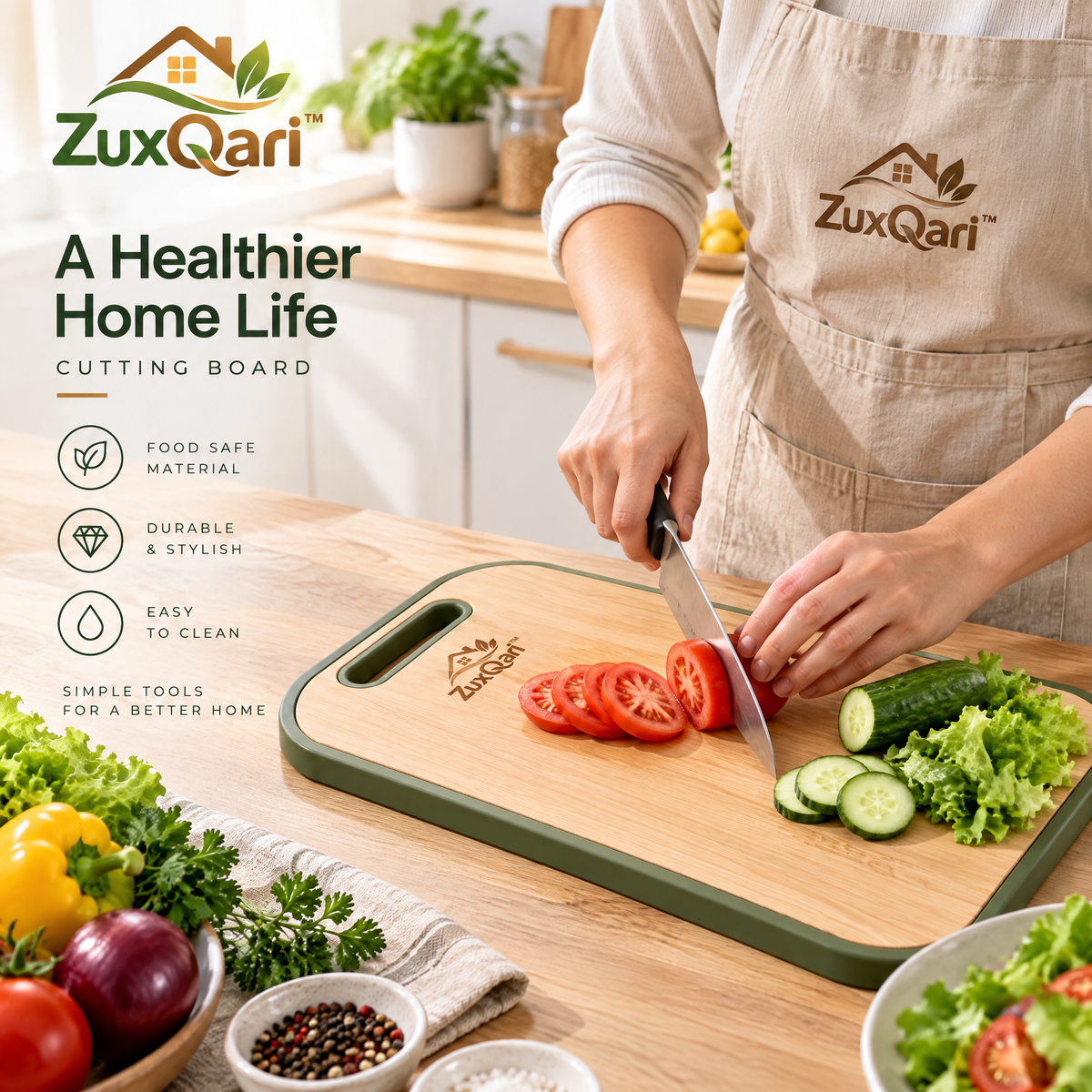 ZuxQari™ Premium Bamboo Cutting Board with Non-Slip Grip Edge &amp; Built-In Handle – Food-Safe Wooden Chopping Board for Kitchen Meal Prep &amp; Serving