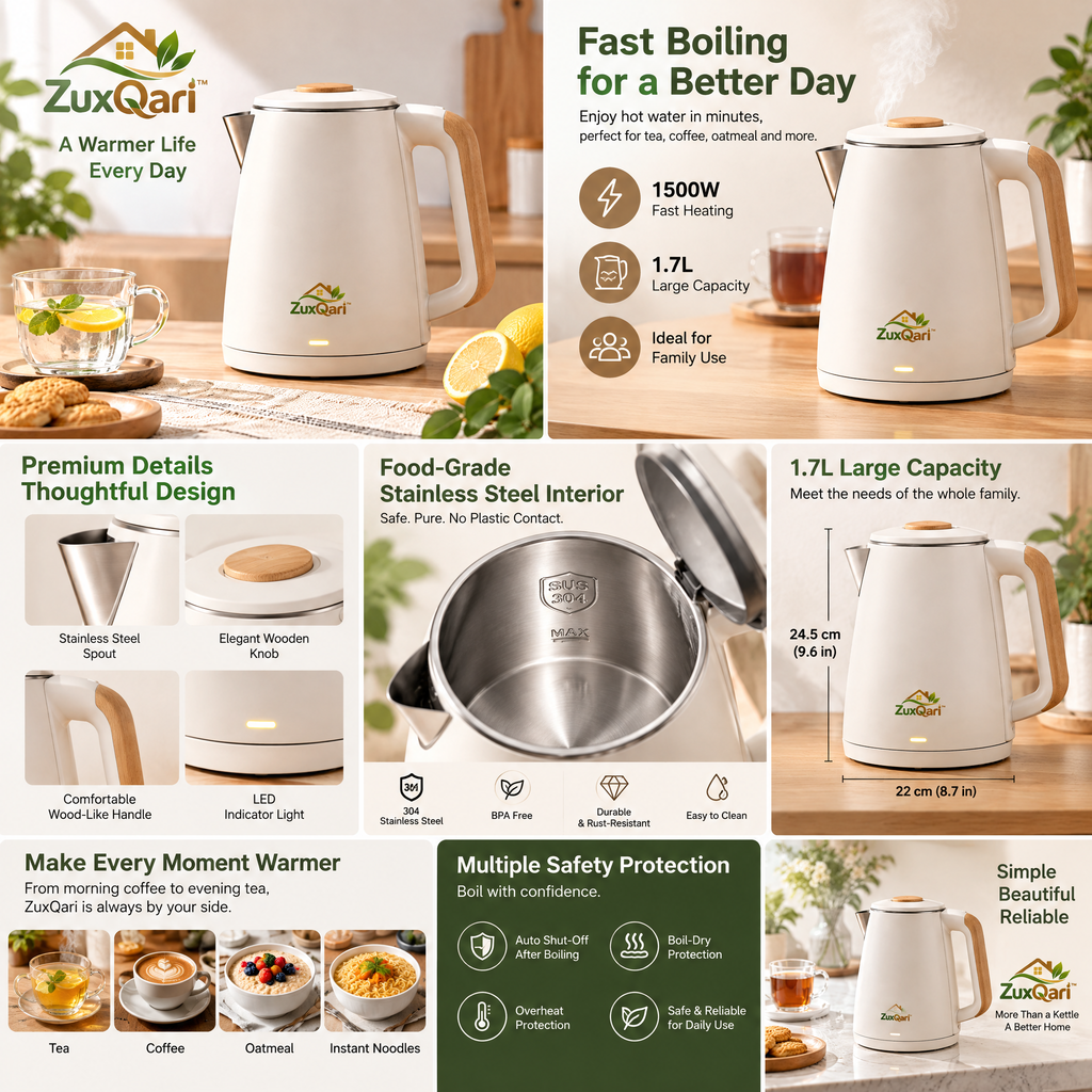 ZuxQari™ 1.7L Electric Kettle – Matte White Fast-Boiling Tea Kettle with Wood-Grain Accents &amp; Auto Shut-Off