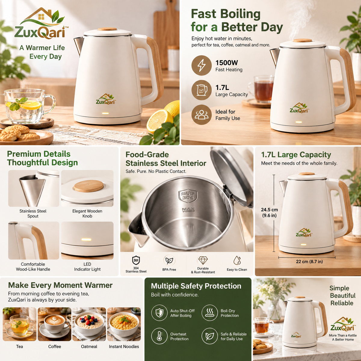 ZuxQari™ 1.7L Electric Kettle – Matte White Fast-Boiling Tea Kettle with Wood-Grain Accents &amp; Auto Shut-Off