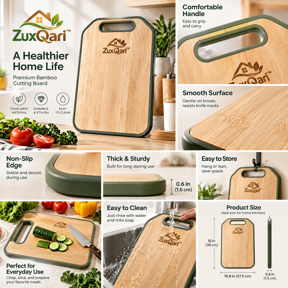 ZuxQari™ Premium Bamboo Cutting Board with Non-Slip Grip Edge &amp; Built-In Handle – Food-Safe Wooden Chopping Board for Kitchen Meal Prep &amp; Serving