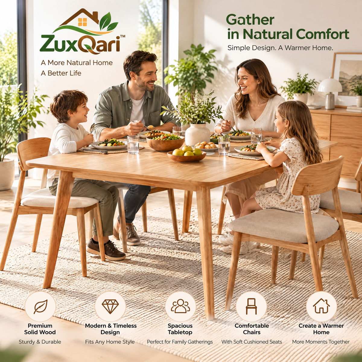 ZuxQari™ 5-Piece Modern Scandinavian Dining Set – Natural Wood Dining Table with Rounded Corners &amp; 4 Upholstered Fabric Chairs