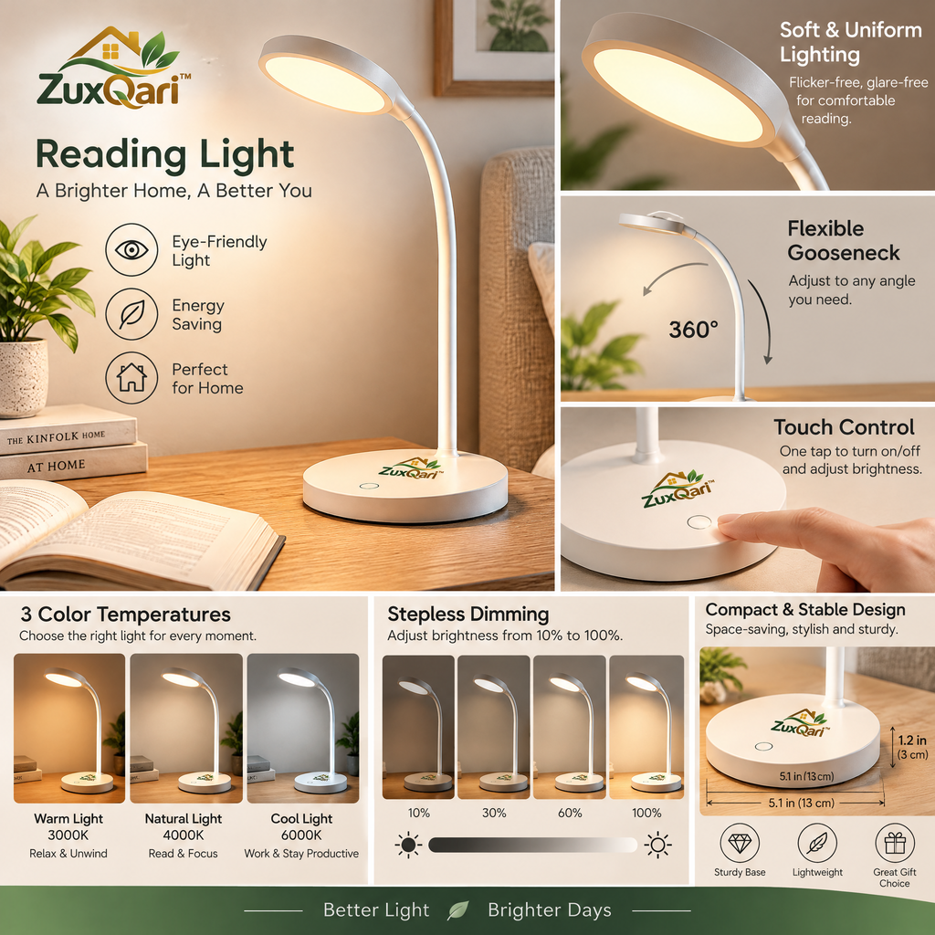 ZuxQari™ Eye-Caring LED Reading Desk Lamp – Flexible Gooseneck Table Light with Touch Control &amp; Energy-Saving Design for Bedroom, Study &amp; Home Office