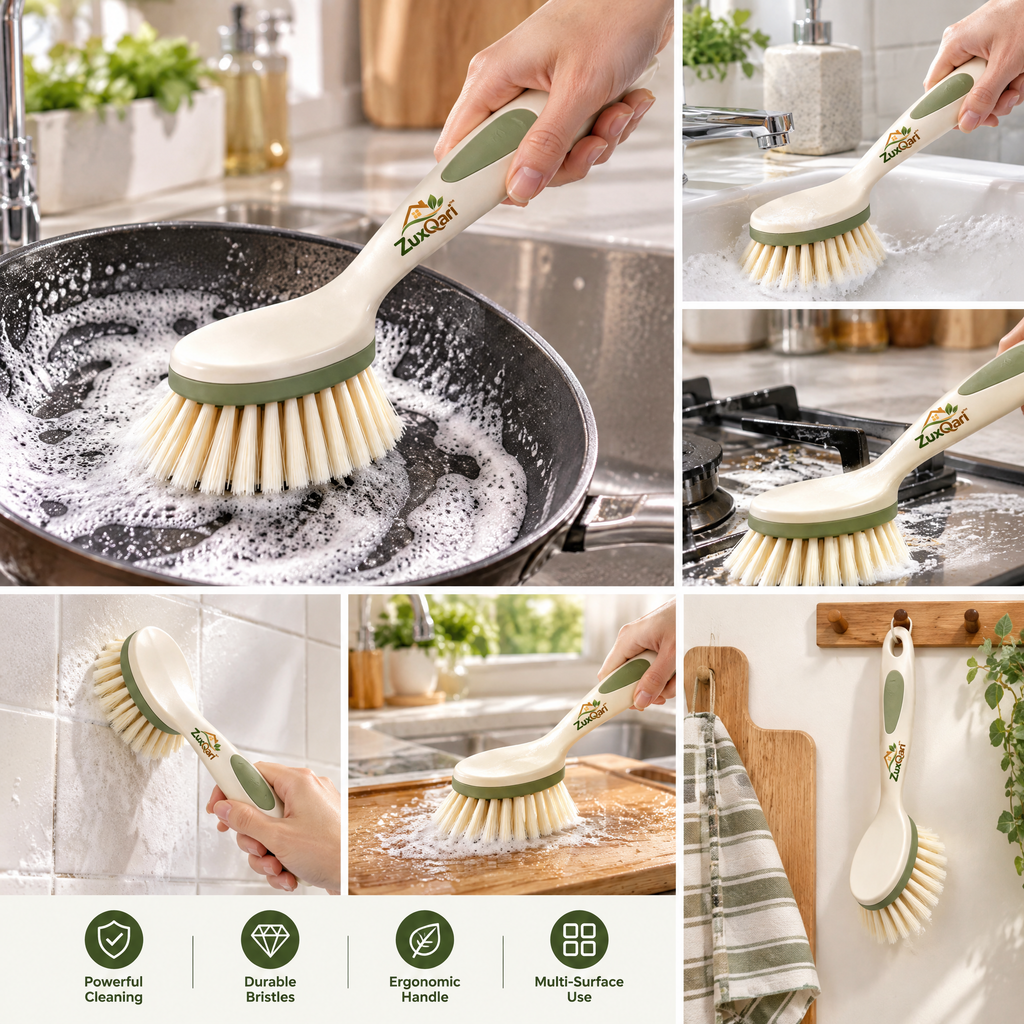 ZuxQari™ Ergonomic Long-Handle Dish Scrub Brush with Non-Slip Grip &amp; Heavy-Duty Bristles for Pots, Pans, and Sinks
