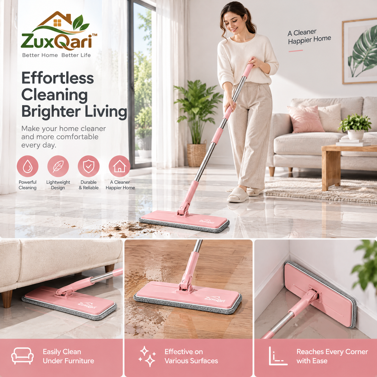ZuxQari™ Lightweight Microfiber Flat Floor Mop – 360° Swivel Hardwood &amp; Tile Cleaner (Blush Pink)