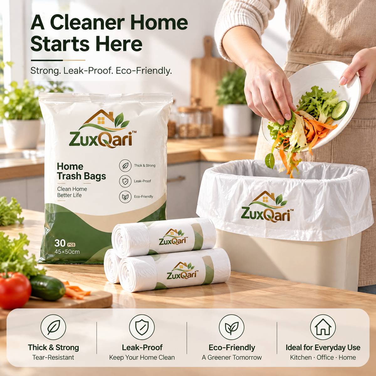 ZuxQari™ 30-Pack Home Trash Bags (45×50cm) – Thick, Strong &amp; Leak-Proof White Garbage Liners for Bathroom, Bedroom, Kitchen, and Office