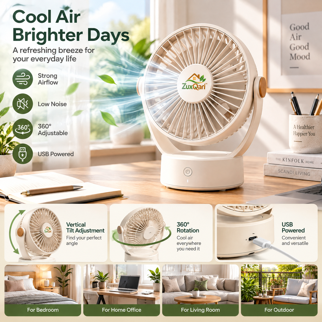 ZuxQari™ Aesthetic Compact Desk Fan – Quiet Personal Tabletop Air Circulator with Adjustable Tilt &amp; One-Touch Control for Home, Office, and Bedroom