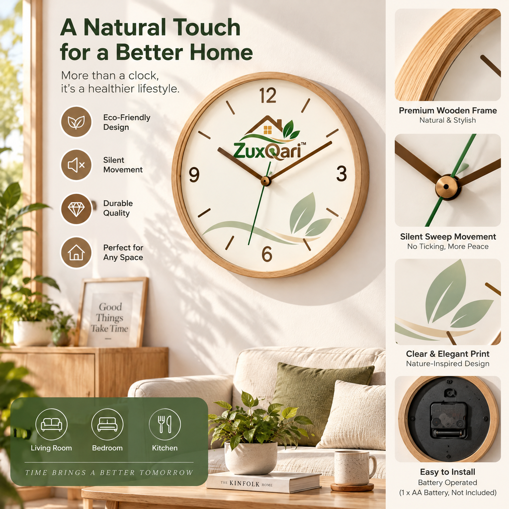ZuxQari™ 12-Inch Modern Wooden Wall Clock, Silent Non-Ticking Nature Botanical Dial, Minimalist Decorative Clock for Living Room &amp; Home Decor